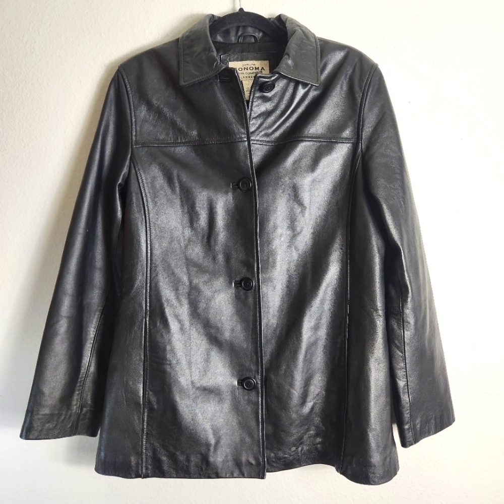 Sonoma Vintage Womens Black Lambskin Leather Buttonfront Coat-Size M